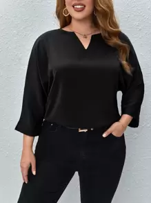SHEIN Clasi Plus Notched Neckline Batwing Sleeve Blouse - Black - View 1