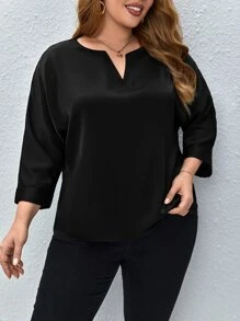 SHEIN Clasi Plus Notched Neckline Batwing Sleeve Blouse - Black - View 5