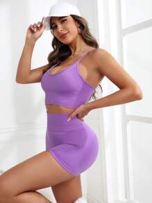 Gameset SHEIN Sport 2入組無縫高彈力瑜伽套裝套裝運動型文胸收復騎行褲 - 紫羅蘭色 - 查看 3