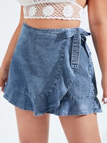SHEIN Essnce Plus Ruffle Hem Wrap Knot Side Denim Skort - Light Wash - View 3