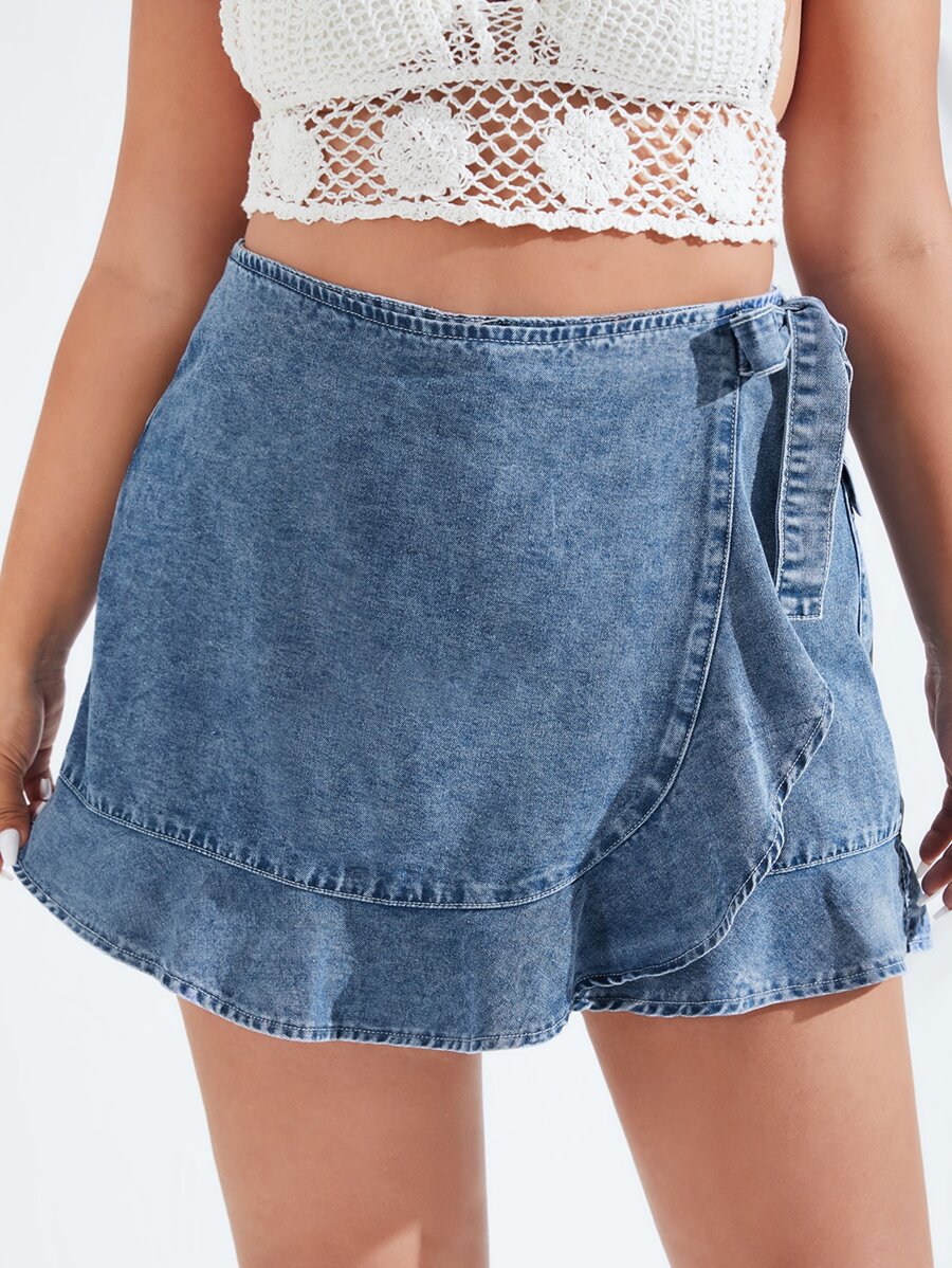 SHEIN Essnce Plus Ruffle Hem Wrap Knot Side Denim Skort - Light Wash - View 1