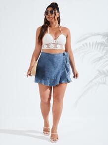 SHEIN Essnce Plus Ruffle Hem Wrap Knot Side Denim Skort - Light Wash - View 5