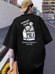 Manfinity Hypemode 男士寬鬆版花卉和字母圖形下垂肩短袖t恤 - 黑色 - 查看 1