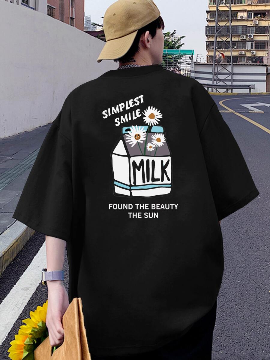 Manfinity Hypemode 男士寬鬆版花卉和字母圖形下垂肩短袖t恤 - 黑色 - 查看 1