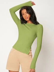 SHEIN BASICS 素色羅紋針織修身T恤 - 青檸色 - 查看 1