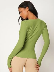 SHEIN BASICS 素色羅紋針織修身T恤 - 青檸色 - 查看 2