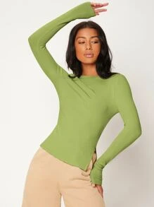 SHEIN BASICS 素色羅紋針織修身T恤 - 青檸色 - 查看 4