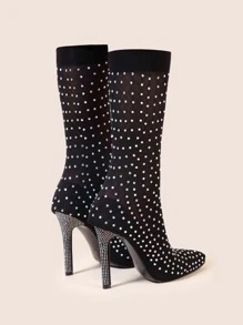 Glamorous Black Sock Boots For Women, Rhinestone Decor Point Toe Stiletto Heeled Boots - Black - View 3