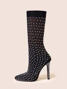 Glamorous Black Sock Boots For Women, Rhinestone Decor Point Toe Stiletto Heeled Boots - Black - View 4
