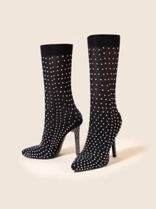 Glamorous Black Sock Boots For Women, Rhinestone Decor Point Toe Stiletto Heeled Boots - Black - View 5
