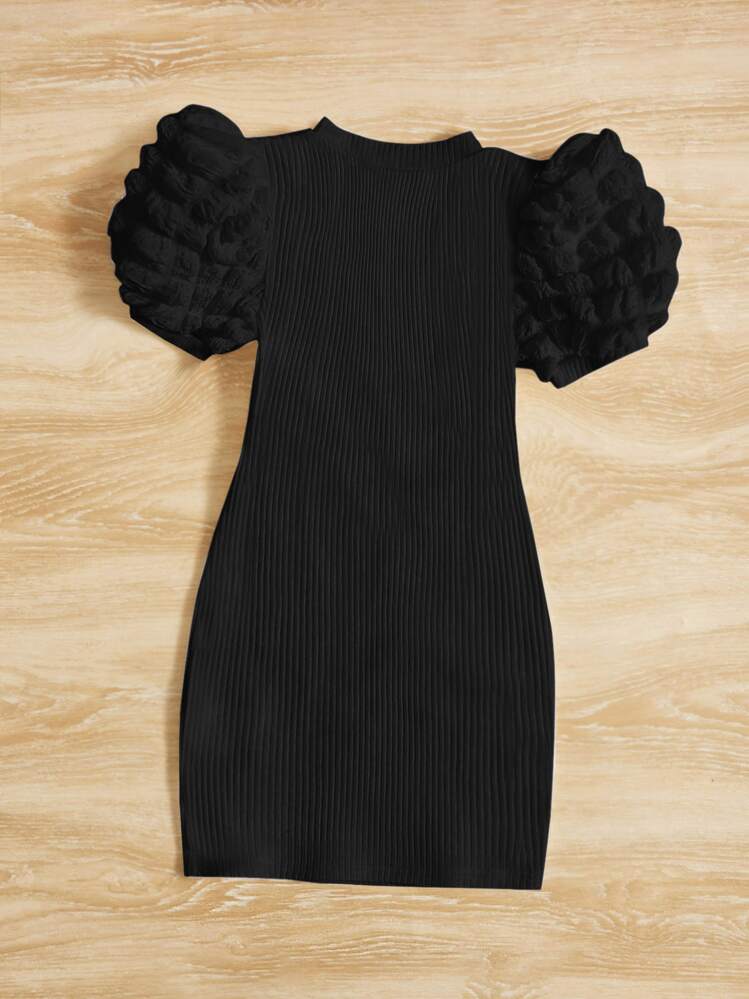 SHEIN Young Girl Solid Color  Round Neck Dress With Puff Sleeves And Mock Turtleneck - Black - View 2