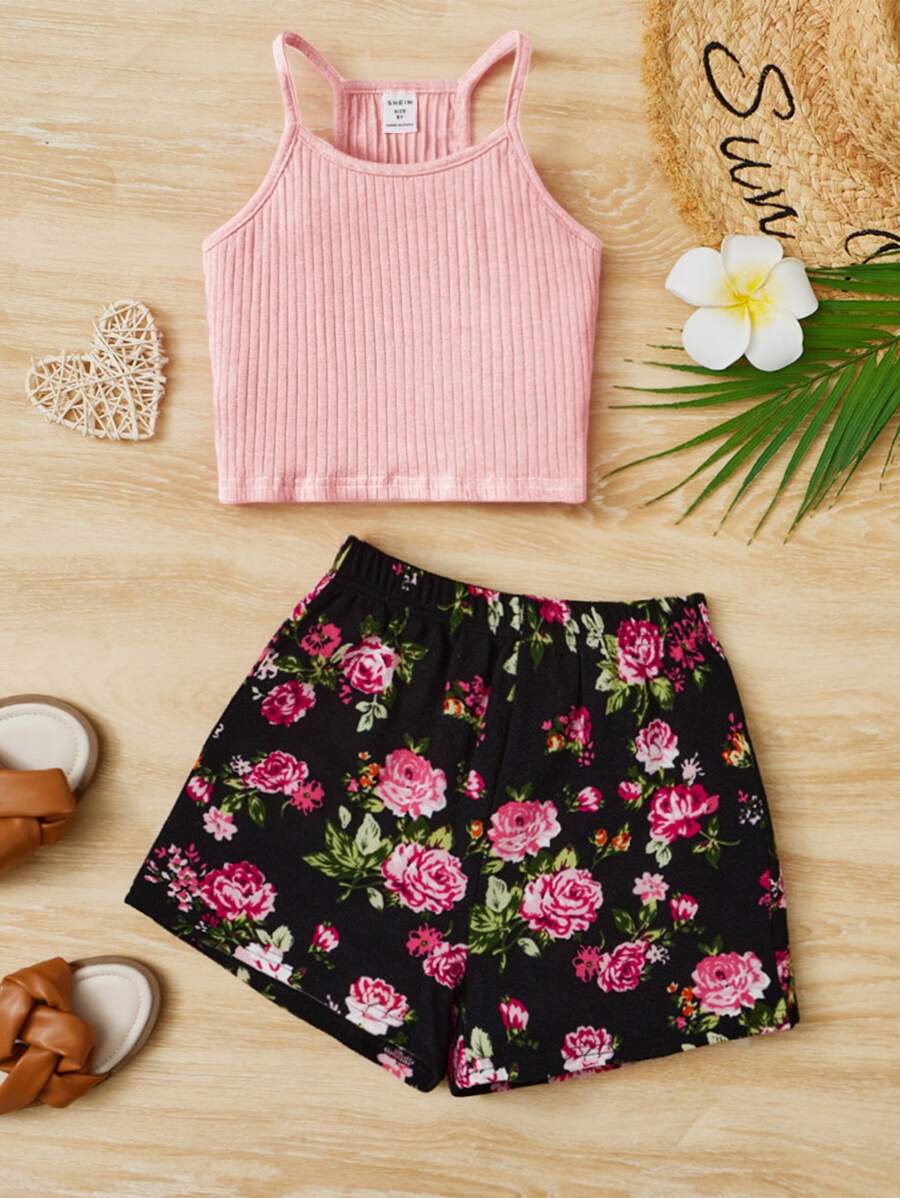 SHEIN 女孩條紋針織吊帶上衣和印花短褲