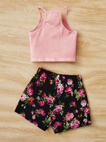 SHEIN 女孩條紋針織吊帶上衣和印花短褲