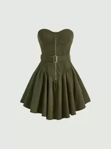 SHEIN MOD Đầm Thắt lưng Dây kéo màu trơn Giải trí - xanh quân đội - Xem 1