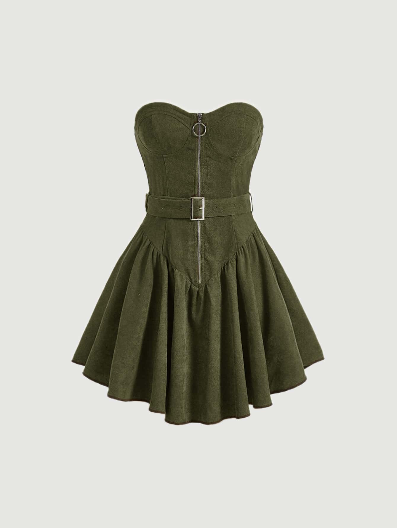 SHEIN MOD Đầm Thắt lưng Dây kéo màu trơn Giải trí - xanh quân đội - Xem 1