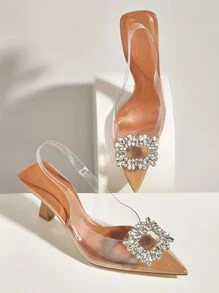 魅力四射后提帶高跟單鞋適合女士,水鑽裝飾尖頭PVC小貓跟高跟鞋 - 無色 - 查看 1