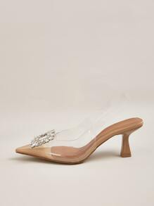 魅力四射后提帶高跟單鞋適合女士,水鑽裝飾尖頭PVC小貓跟高跟鞋 - 無色 - 查看 2