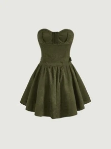 SHEIN MOD Đầm Thắt lưng Dây kéo màu trơn Giải trí - xanh quân đội - Xem 2