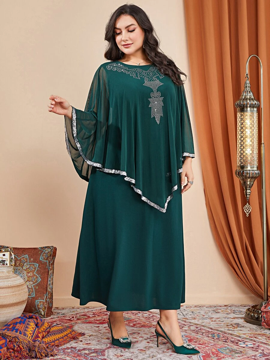 Al Najma Đầm Plus Size Tương phản Mesh Pha lê kim cương Baroque Thanh lịch Khiêm tốn - xanh quân đội - Xem 1