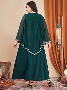 Al Najma Đầm Plus Size Tương phản Mesh Pha lê kim cương Baroque Thanh lịch Khiêm tốn - xanh quân đội - Xem 2