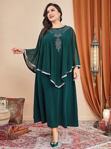 Al Najma Đầm Plus Size Tương phản Mesh Pha lê kim cương Baroque Thanh lịch Khiêm tốn - xanh quân đội - Xem 3