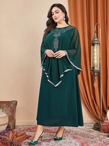 Al Najma Đầm Plus Size Tương phản Mesh Pha lê kim cương Baroque Thanh lịch Khiêm tốn - xanh quân đội - Xem 4