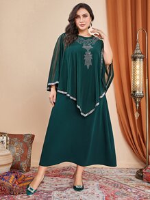 Al Najma Đầm Plus Size Tương phản Mesh Pha lê kim cương Baroque Thanh lịch Khiêm tốn - xanh quân đội - Xem 5