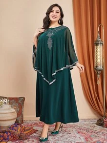 Al Najma Đầm Plus Size Tương phản Mesh Pha lê kim cương Baroque Thanh lịch Khiêm tốn - xanh quân đội - Xem 6