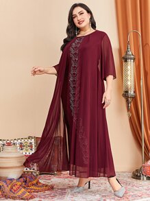 Modelyn 勃艮第红色加大码水钻细节二合一连衣裙 - 酒紅色 - 查看 3