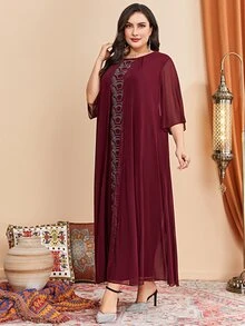 Modelyn 勃艮第红色加大码水钻细节二合一连衣裙 - 酒紅色 - 查看 6