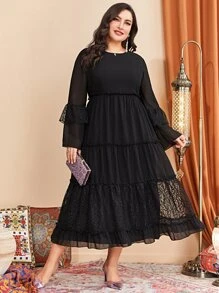 Modelyn Vestido con encaje en contraste de manga con volante bajo con fruncido - Negro - Ver 1