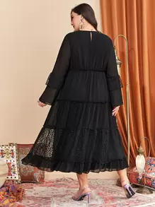 Modelyn Vestido con encaje en contraste de manga con volante bajo con fruncido - Negro - Ver 2