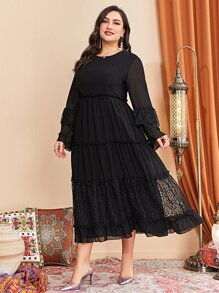 Modelyn Vestido con encaje en contraste de manga con volante bajo con fruncido - Negro - Ver 3