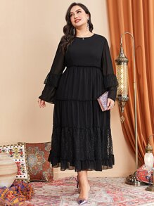 Modelyn Vestido con encaje en contraste de manga con volante bajo con fruncido - Negro - Ver 4