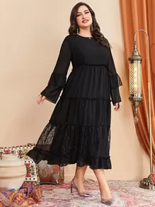 Modelyn Vestido con encaje en contraste de manga con volante bajo con fruncido - Negro - Ver 5