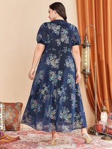 Modelyn Plus Floral Print Puff Sleeve Dress - Navy Blue - View 2