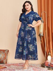 Modelyn Plus Floral Print Puff Sleeve Dress - Navy Blue - View 6