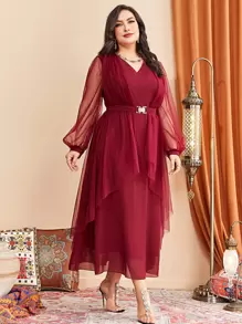 Modelyn 大碼燈籠袖腰帶網紗覆蓋洋裝 - 玫瑰紅 - 查看 1