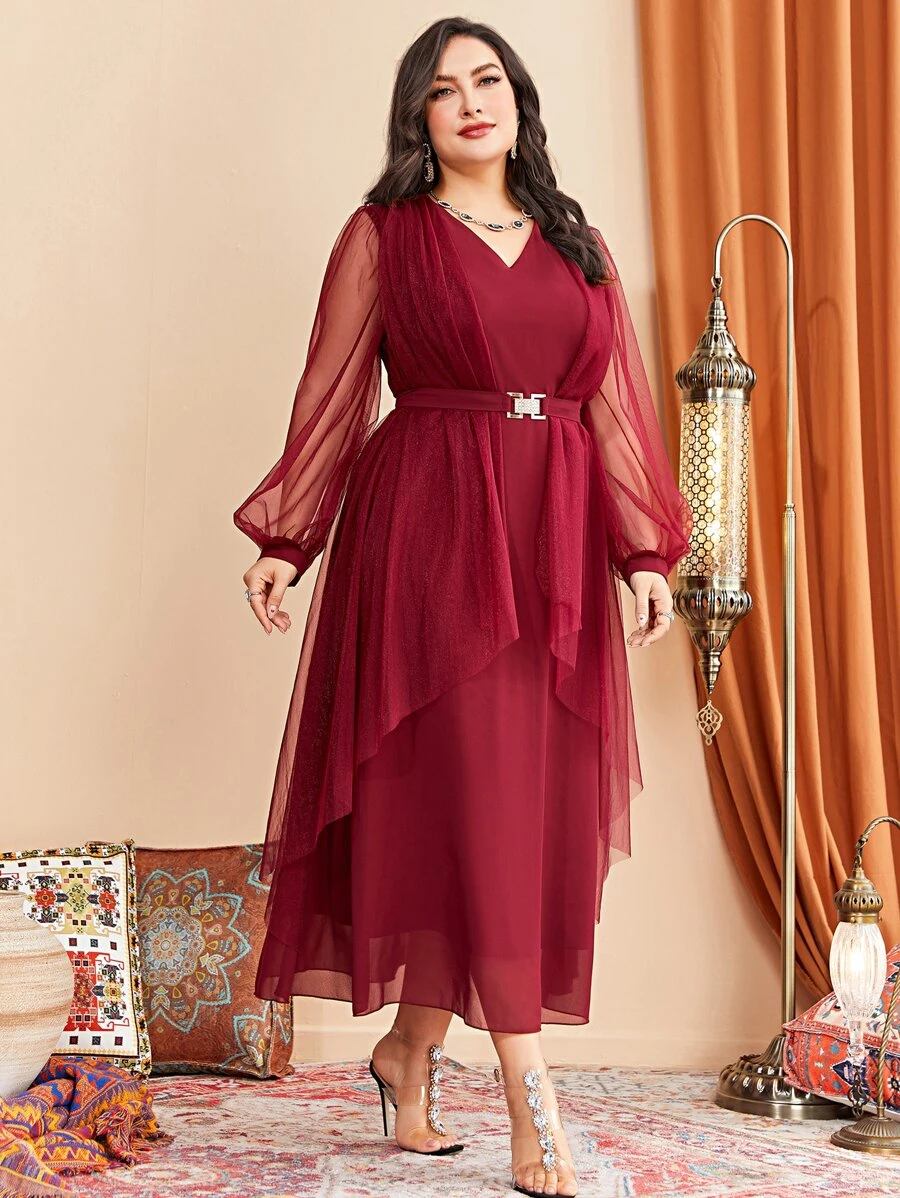 Modelyn 大碼燈籠袖腰帶網紗覆蓋洋裝 - 玫瑰紅 - 查看 1