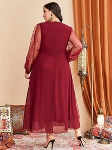 Modelyn 大碼燈籠袖腰帶網紗覆蓋洋裝 - 玫瑰紅 - 查看 2