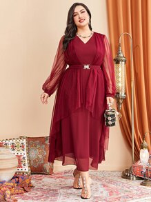 Modelyn 大碼燈籠袖腰帶網紗覆蓋洋裝 - 玫瑰紅 - 查看 4