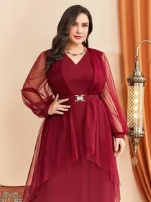 Modelyn 大碼燈籠袖腰帶網紗覆蓋洋裝 - 玫瑰紅 - 查看 5