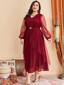 Modelyn 大碼燈籠袖腰帶網紗覆蓋洋裝 - 玫瑰紅 - 查看 6