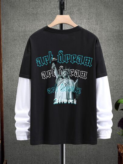 Manfinity 男士假兩件字母圖案T恤