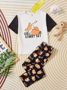 SHEIN Girls Cartoon & Slogan Graphic Tee & Trousers PJ Set - Multicolor - View 1