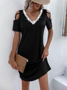 SHEIN LUNE Đầm ghép mộng kim sa Cắt ra màu trơn Giải trí - màu đen - Xem 1