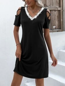 SHEIN LUNE Đầm ghép mộng kim sa Cắt ra màu trơn Giải trí - màu đen - Xem 3