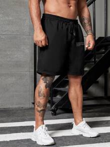 Manfinity Homme 男士標語圖案腰部抽繩短褲 - 黑色 - 查看 4