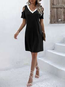 SHEIN LUNE Đầm ghép mộng kim sa Cắt ra màu trơn Giải trí - màu đen - Xem 4