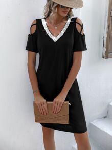 SHEIN LUNE Đầm ghép mộng kim sa Cắt ra màu trơn Giải trí - màu đen - Xem 5